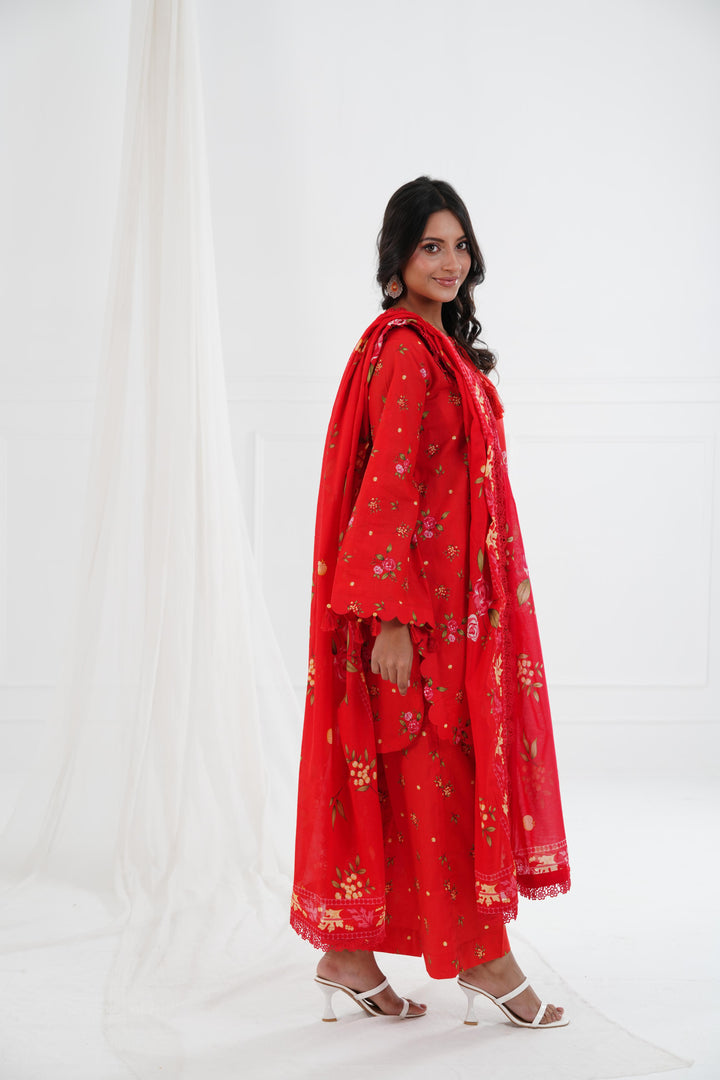 Printed Lawn Red Stitched Suit - Maria B M Basics Elaheh Stitched