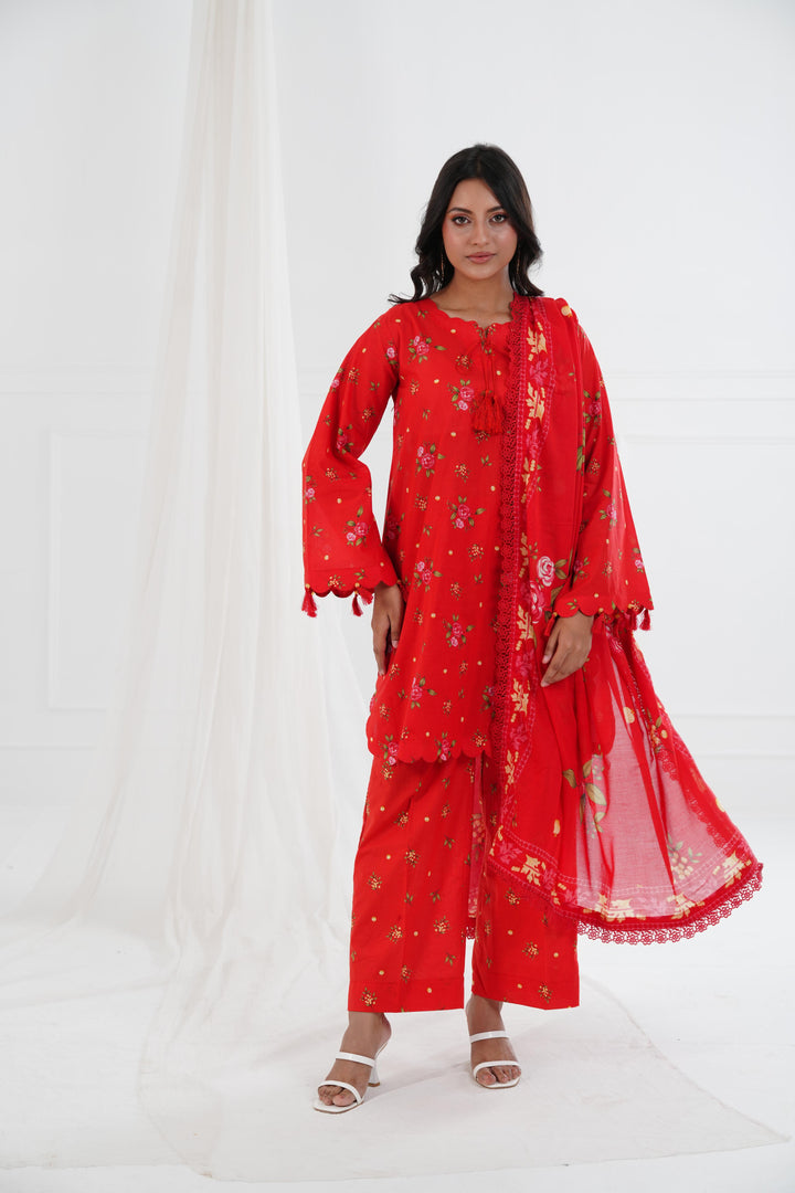 Printed Lawn Red Stitched Suit - Maria B M Basics Elaheh Stitched