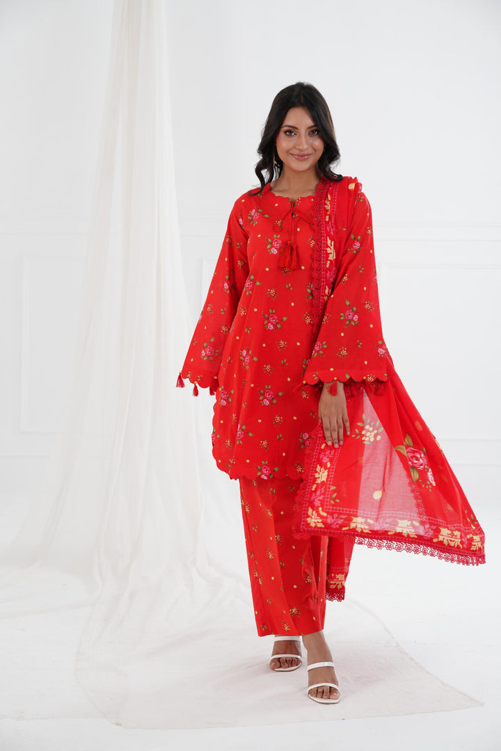 Printed Lawn Red Stitched Suit - Maria B M Basics Elaheh Stitched