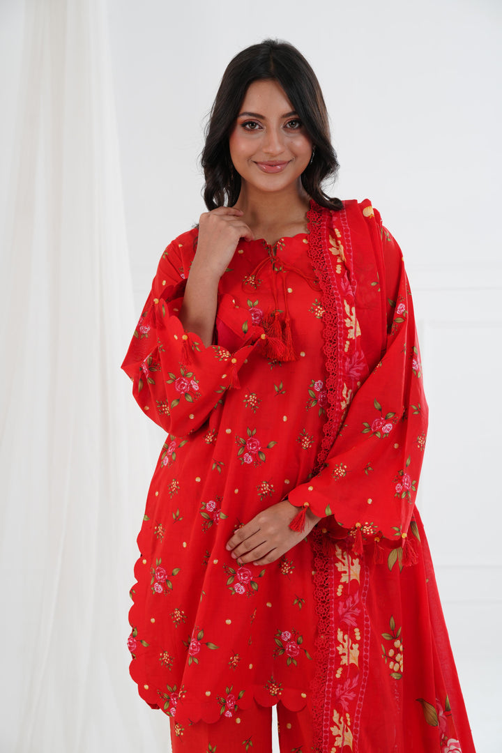 Printed Lawn Red Stitched Suit - Maria B M Basics Elaheh Stitched