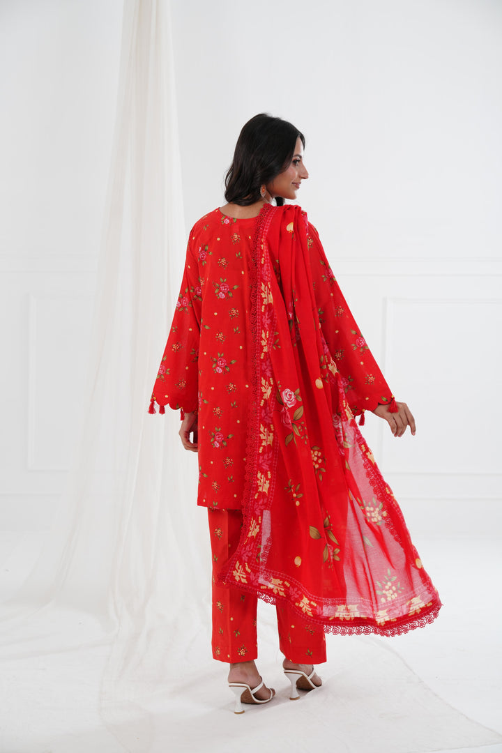 Printed Lawn Red Stitched Suit - Maria B M Basics Elaheh Stitched
