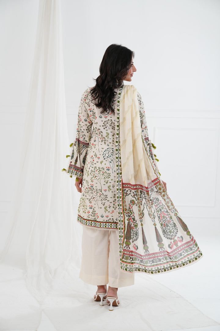 Printed Lawn Cream Stitched Suit - Maria B M Basics Elaheh Stitched