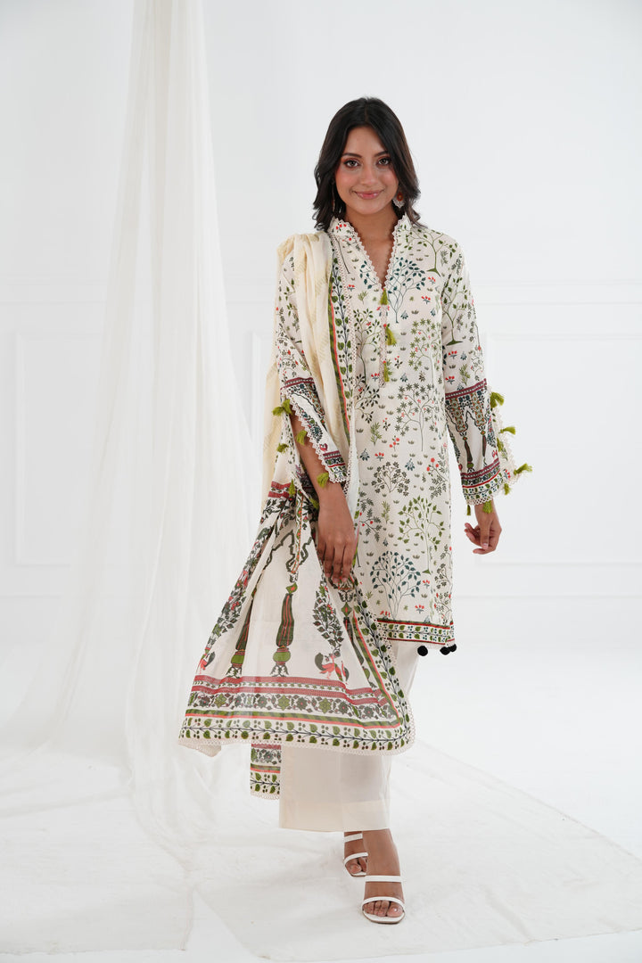 Printed Lawn Cream Stitched Suit - Maria B M Basics Elaheh Stitched