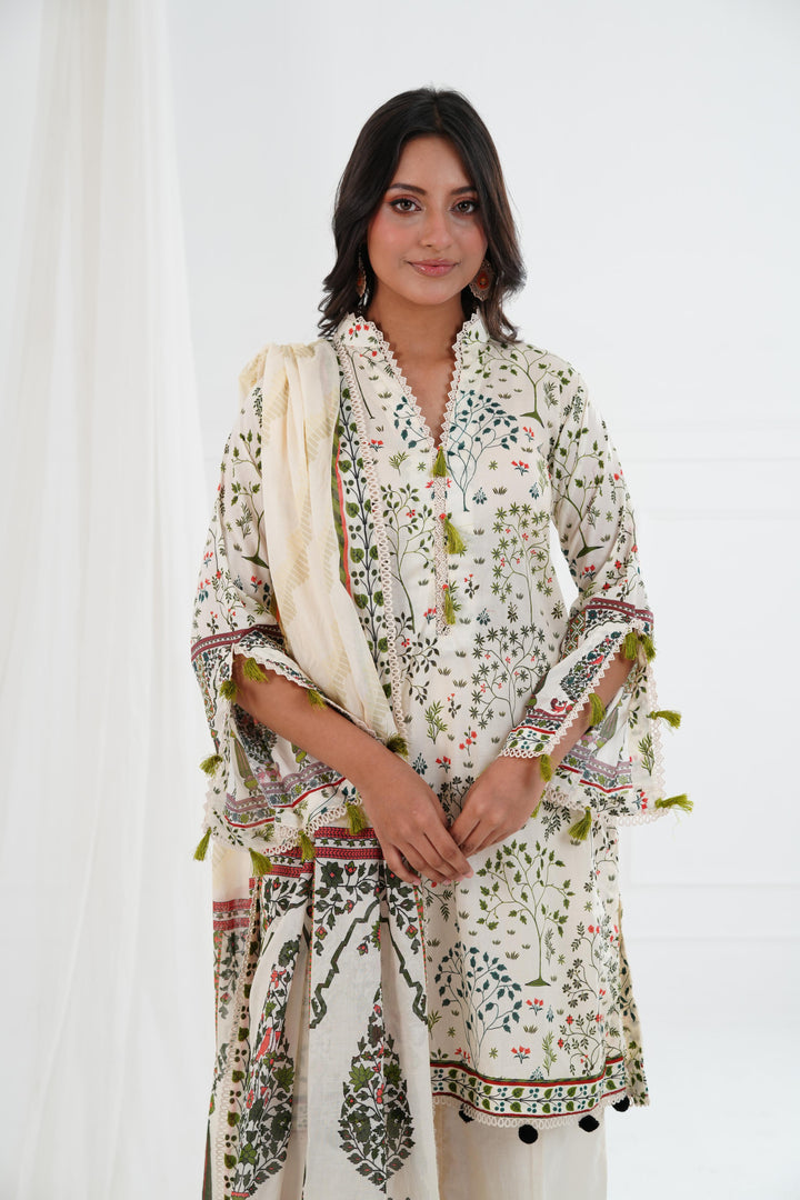 Printed Lawn Cream Stitched Suit - Maria B M Basics Elaheh Stitched