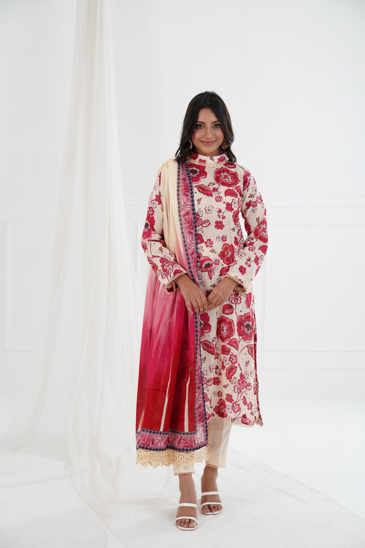 Printed Lawn Red Stitched Suit - Maria B M Basics Elaheh Stitched