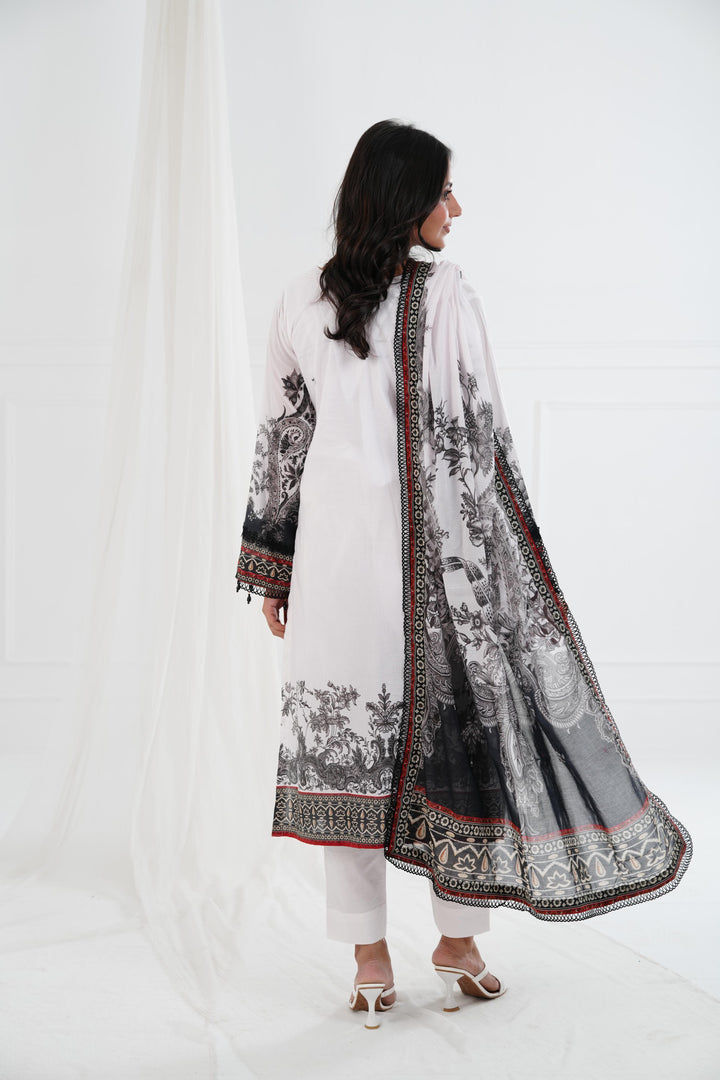 Printed Lawn White Stitched Suit - Maria B M Basics Elaheh Stitched