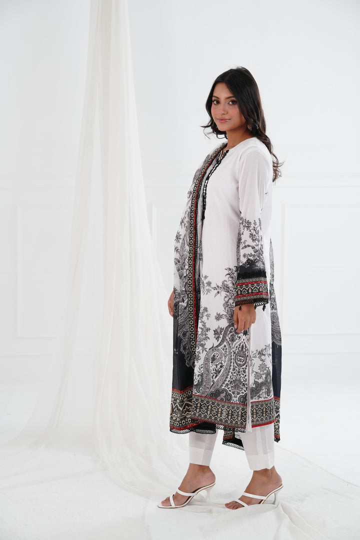 Printed Lawn White Stitched Suit - Maria B M Basics Elaheh Stitched