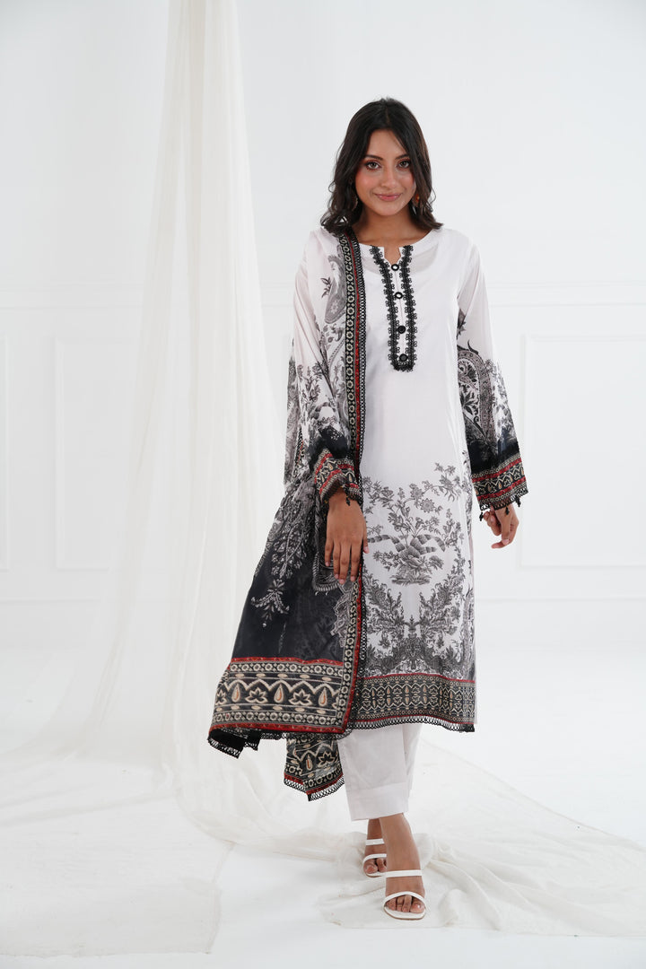 Printed Lawn White Stitched Suit - Maria B M Basics Elaheh Stitched