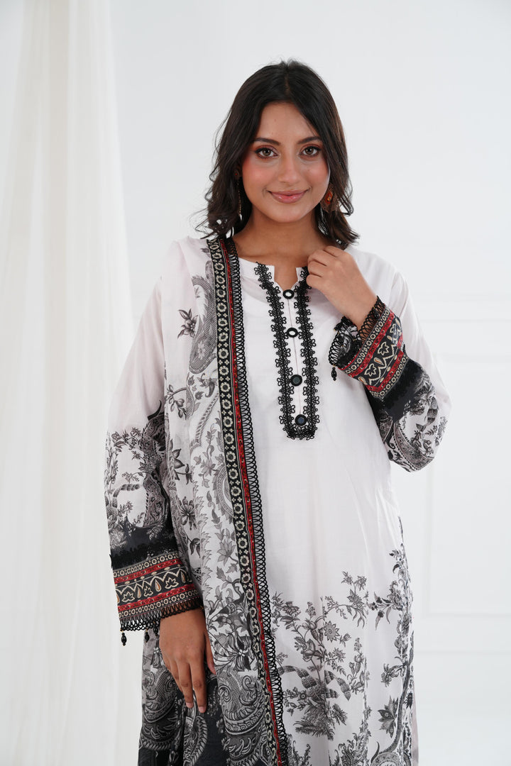 Printed Lawn White Stitched Suit - Maria B M Basics Elaheh Stitched