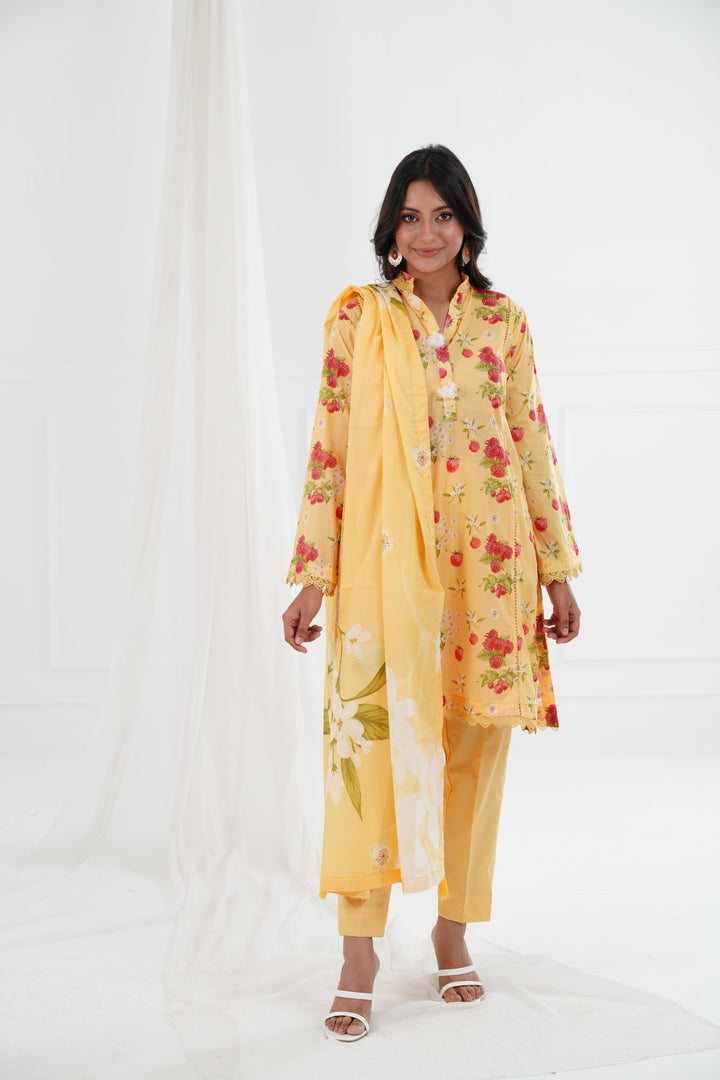 Printed Lawn Yellow Stitched Suit - Maria B M Basics Elaheh Stitched