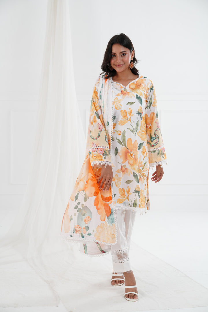 Printed Lawn White Stitched Suit - Maria B M Basics Elaheh Stitched