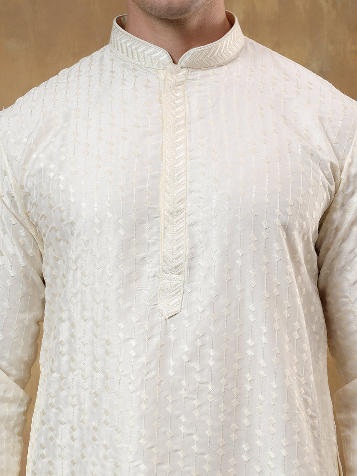 Polyester Viscose Cream Kurta Trouser - Jiah