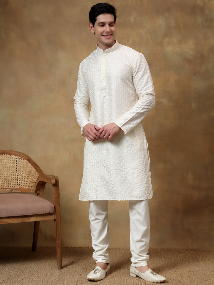 Polyester Viscose Cream Kurta Trouser - Jiah