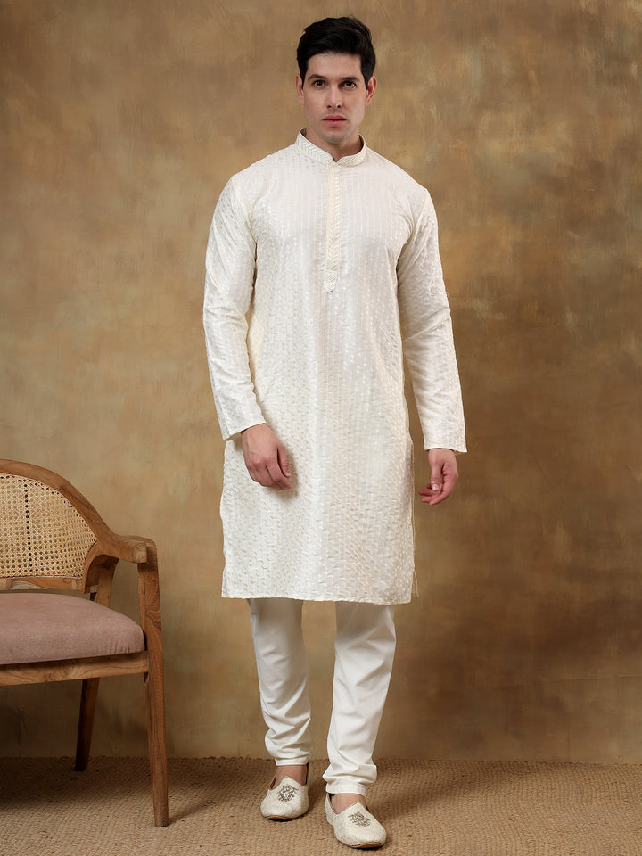 Polyester Viscose Cream Kurta Trouser - Jiah