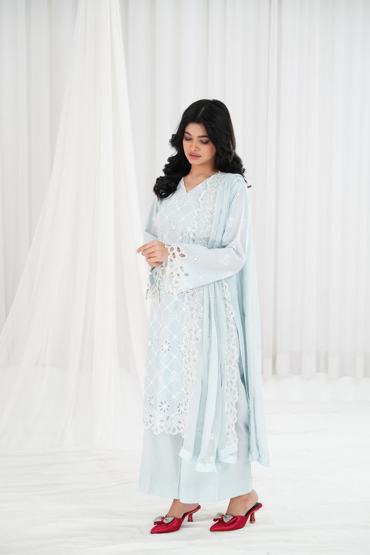 Pastel Breeze - Cross Stitch Chikankari Stitched