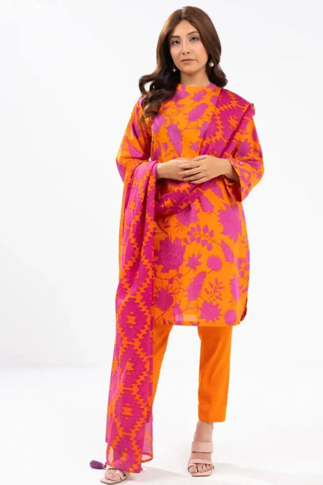 Printed Viscose Slub Orange Unstitched Suit - Alkaram