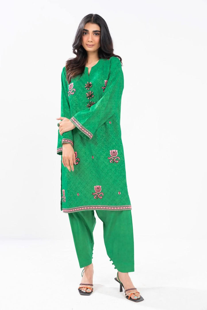 Embroidered Self Jacquard Green Stitched Suit - Alkaram