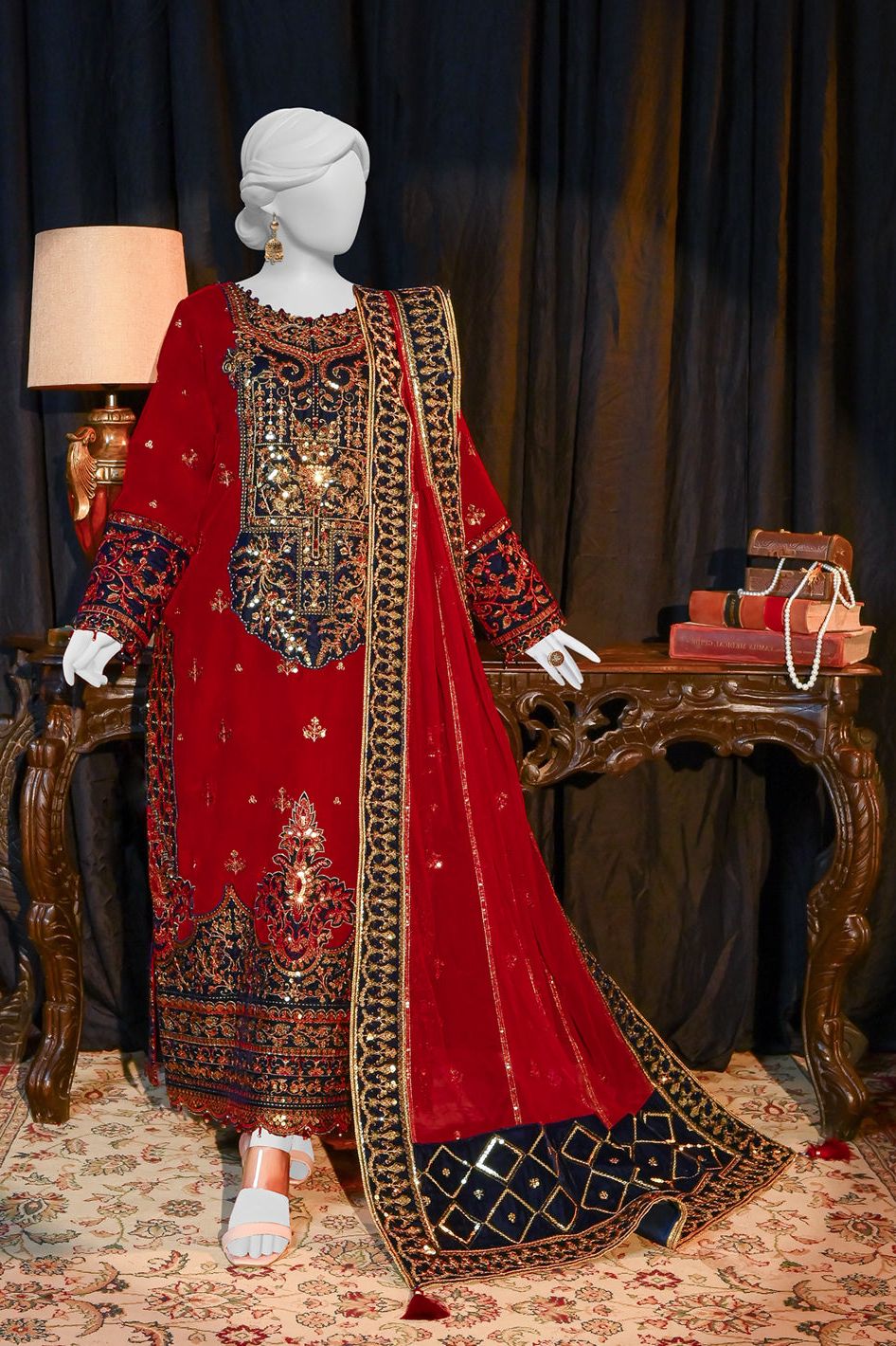 Velvet Red Unstitched Suit - Panjnad by J. Junaid Jamshed
