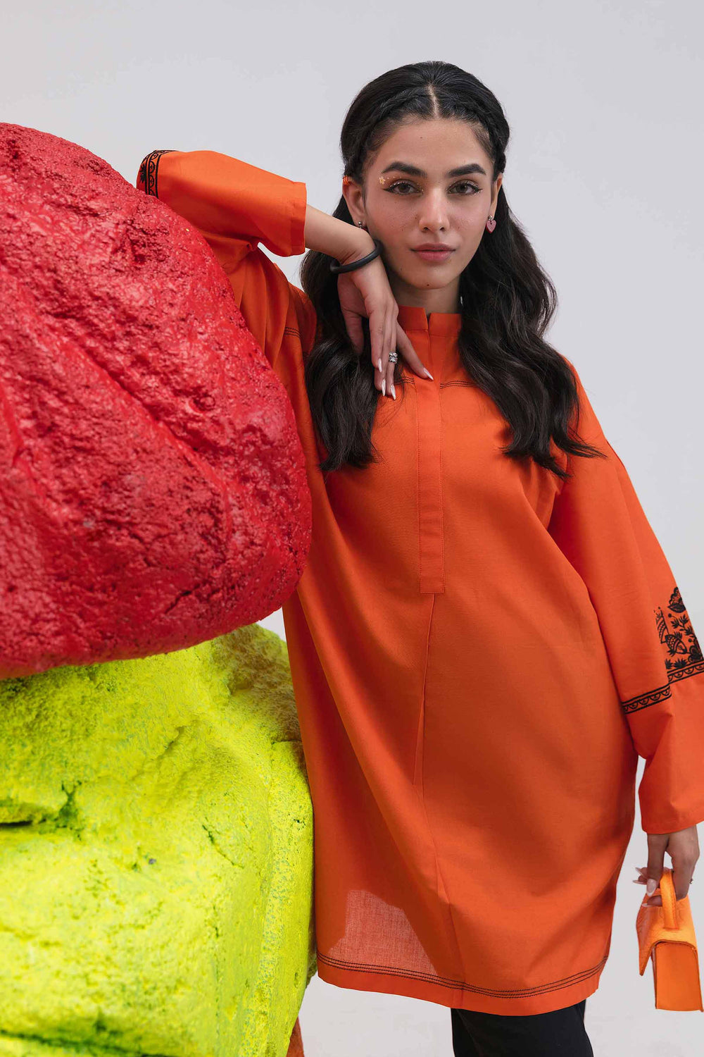 Embroidered Orange Kurti - Nishat