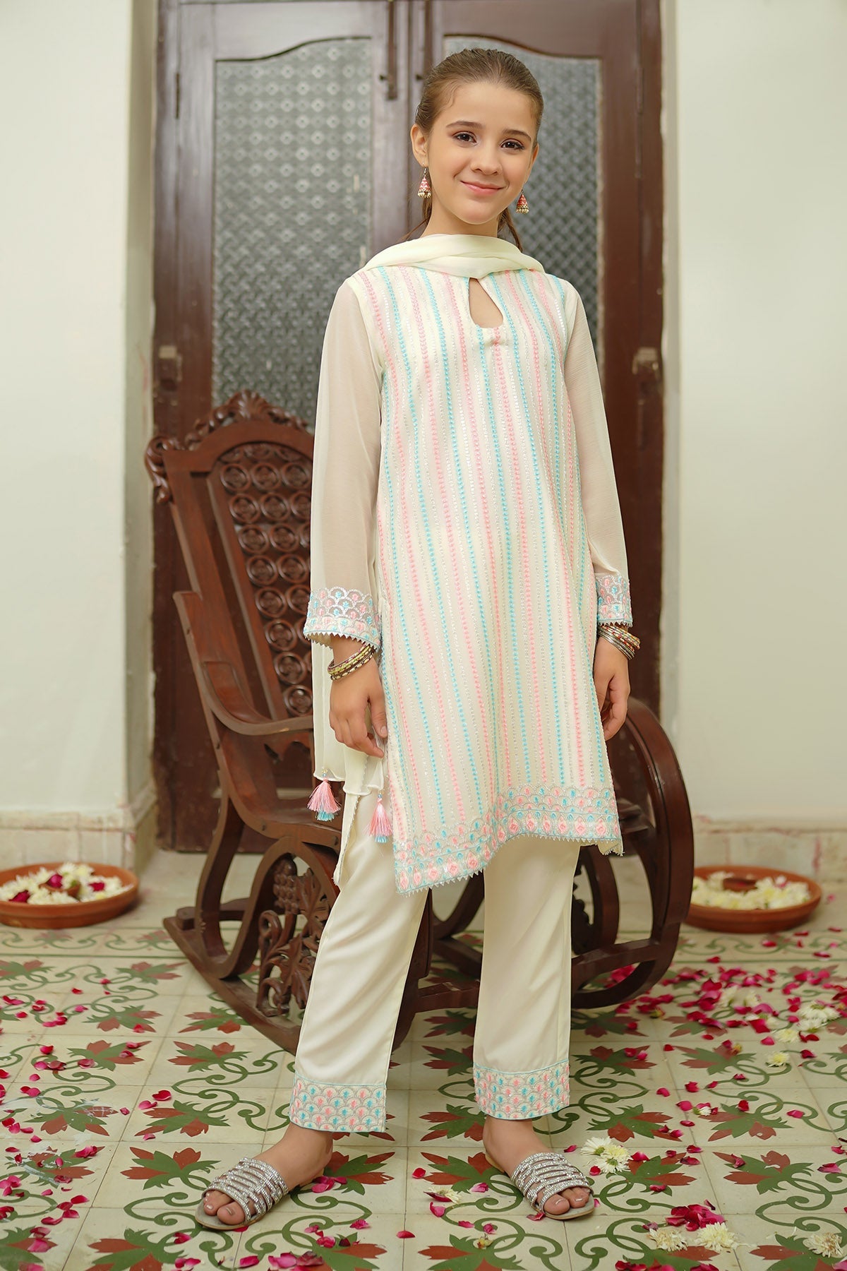 Chiffon Embroidered Off White 3 Piece Stitched Suit - Ochre