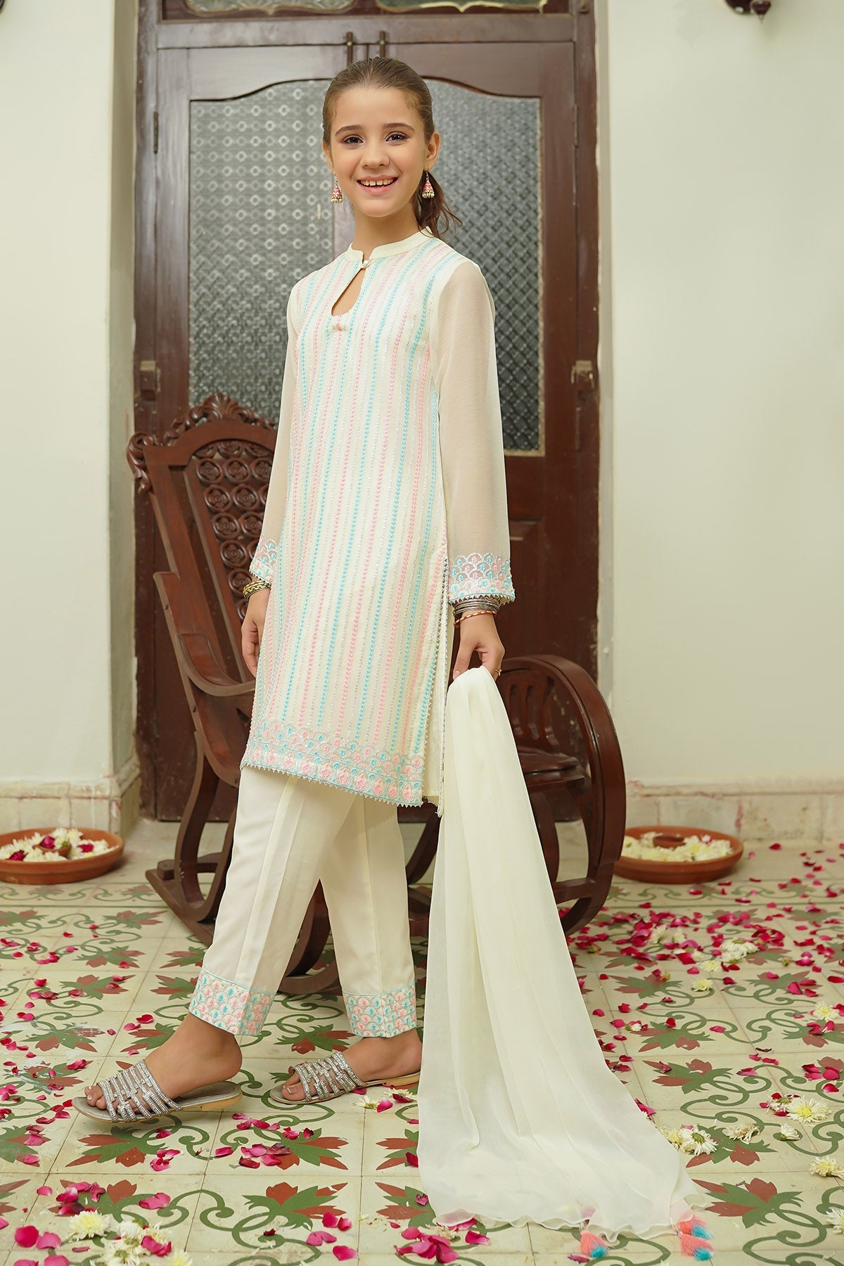 Chiffon Embroidered Off White 3 Piece Stitched Suit - Ochre