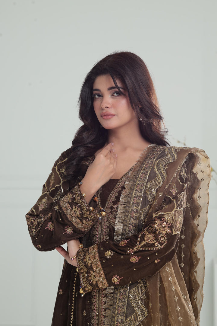 Embroidered Velvet Mehndi Stitched Suit - Baroque