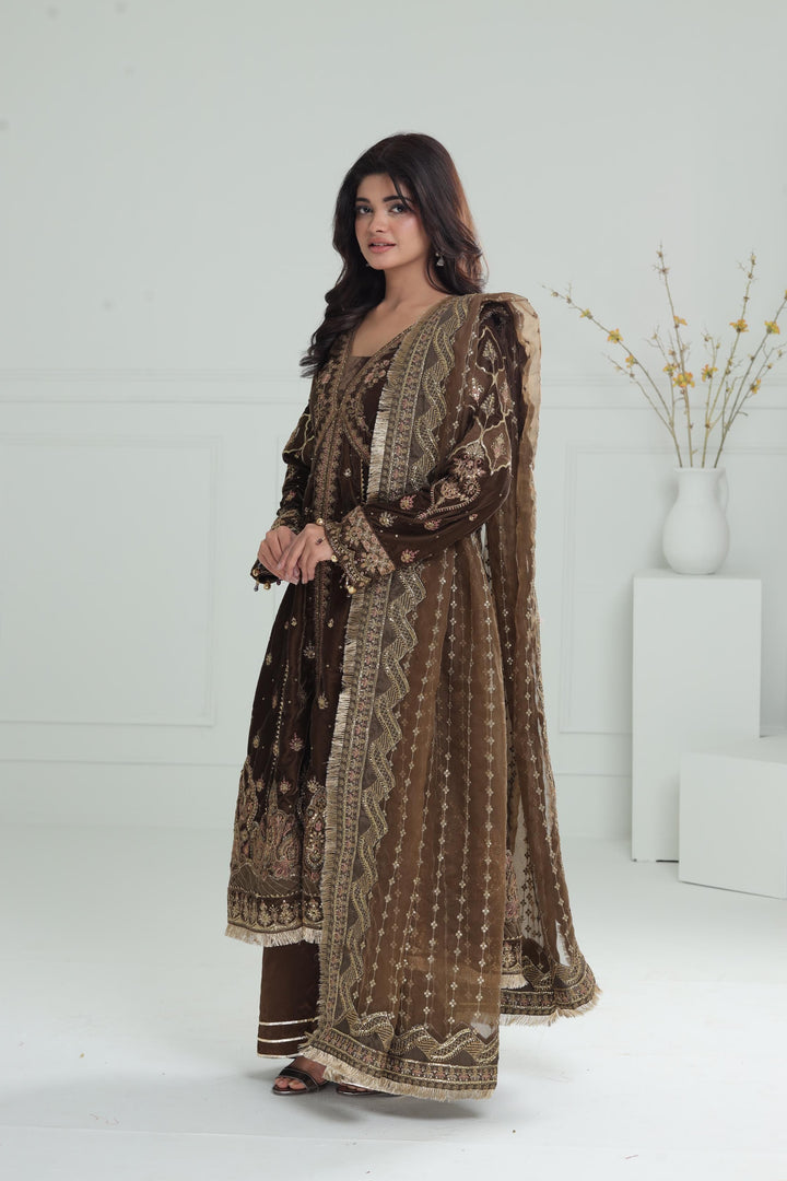 Embroidered Velvet Mehndi Stitched Suit - Baroque