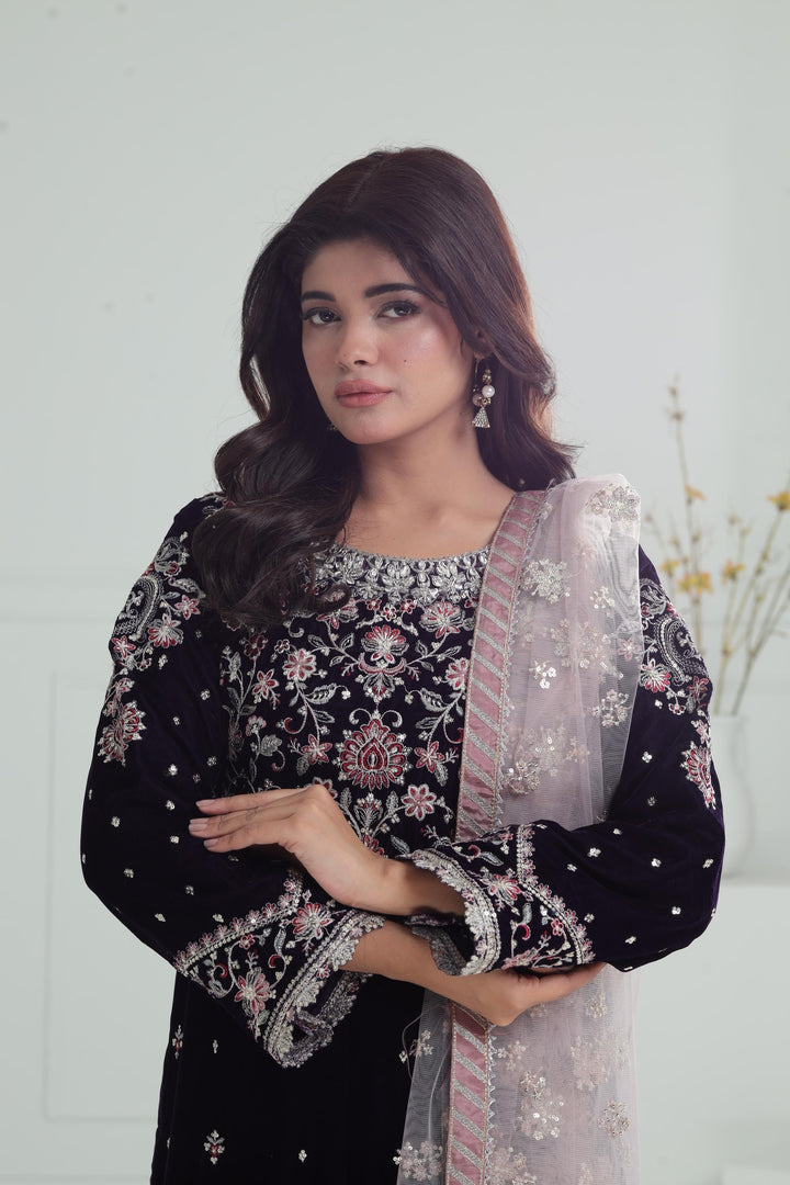 Embroidered Velvet Dark Purple Stitched Suit - Baroque