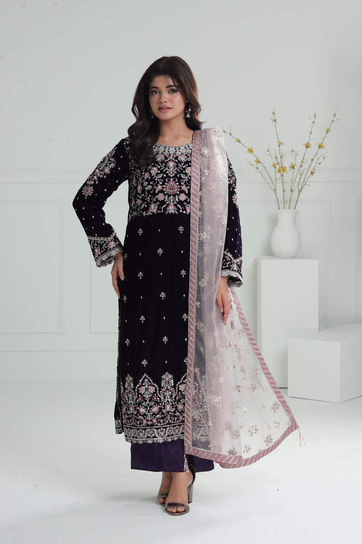 Embroidered Velvet Dark Purple Stitched Suit - Baroque