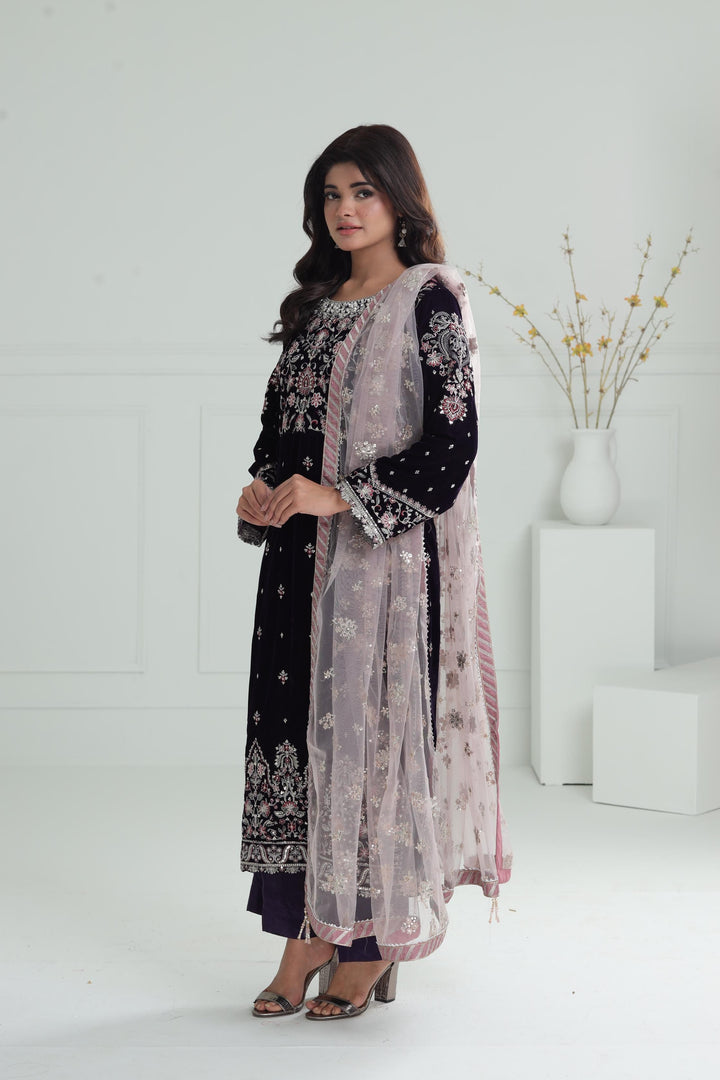 Embroidered Velvet Dark Purple Stitched Suit - Baroque