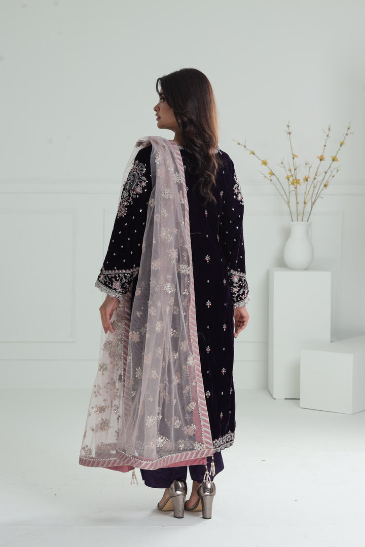 Embroidered Velvet Dark Purple Stitched Suit - Baroque