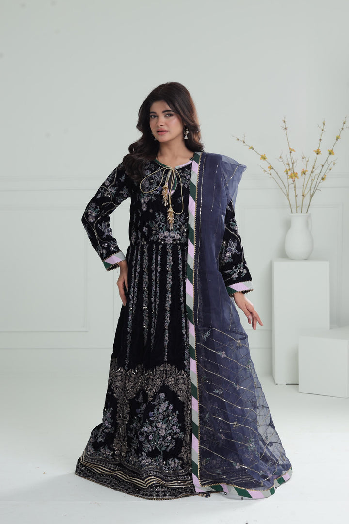 Embroidered Velvet Navy Blue Stitched Suit - Baroque