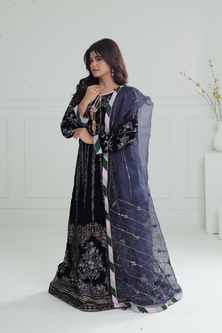 Embroidered Velvet Navy Blue Stitched Suit - Baroque