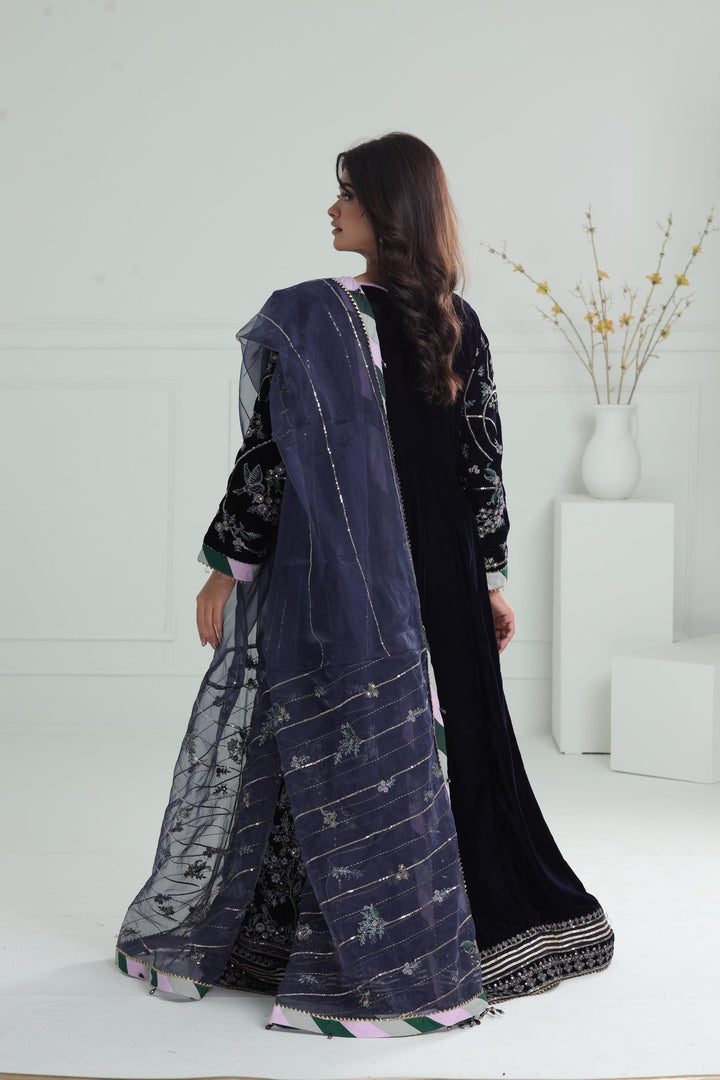 Embroidered Velvet Navy Blue Stitched Suit - Baroque