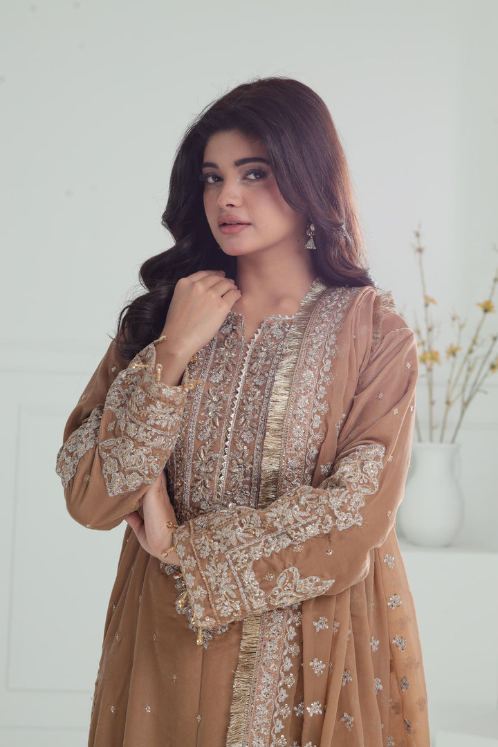 Embroidered Velvet Khaki Stitched Suit - Baroque