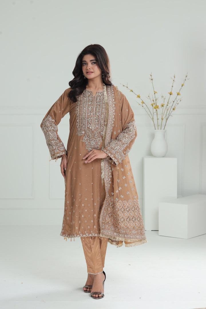 Embroidered Velvet Khaki Stitched Suit - Baroque