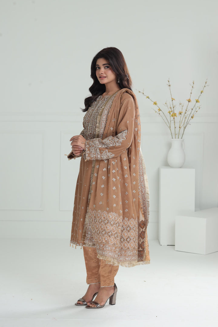 Embroidered Velvet Khaki Stitched Suit - Baroque