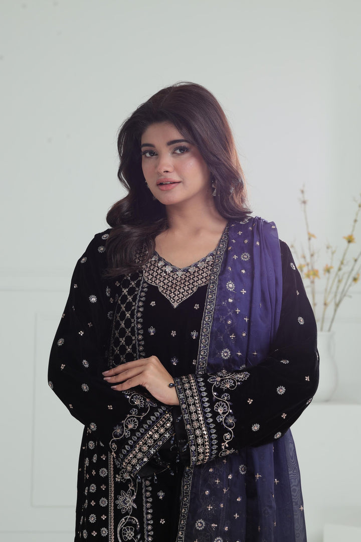 Embroidered Velvet Black Stitched Suit - Baroque
