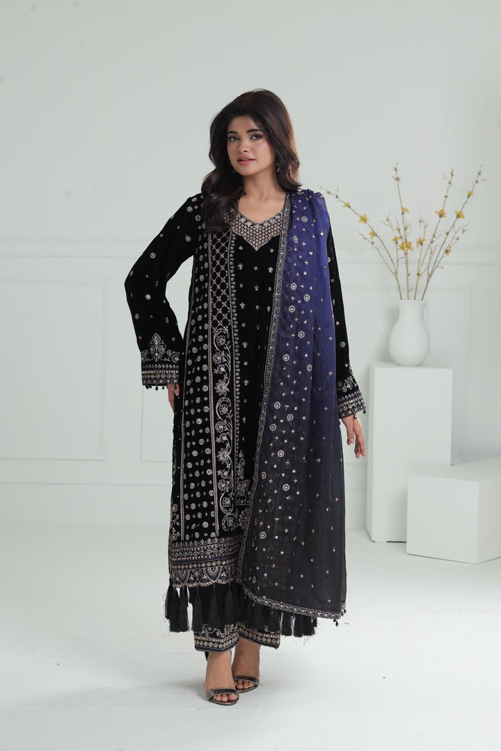Embroidered Velvet Black Stitched Suit - Baroque