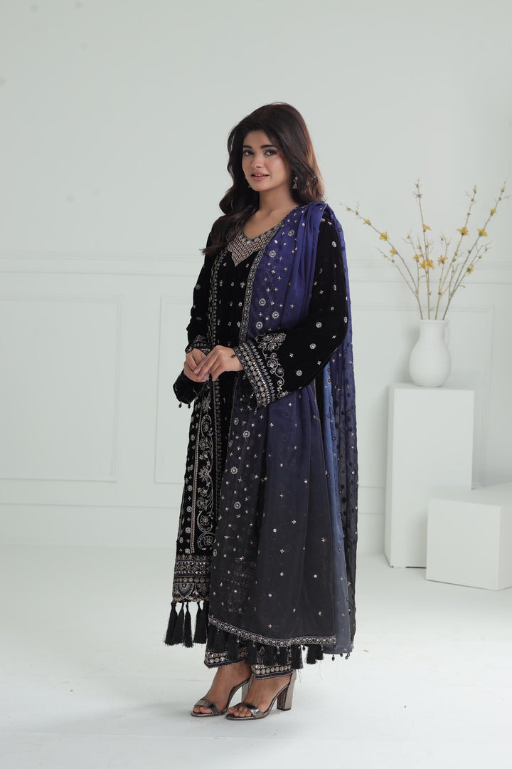 Embroidered Velvet Black Stitched Suit - Baroque