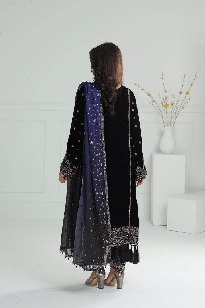 Embroidered Velvet Black Stitched Suit - Baroque