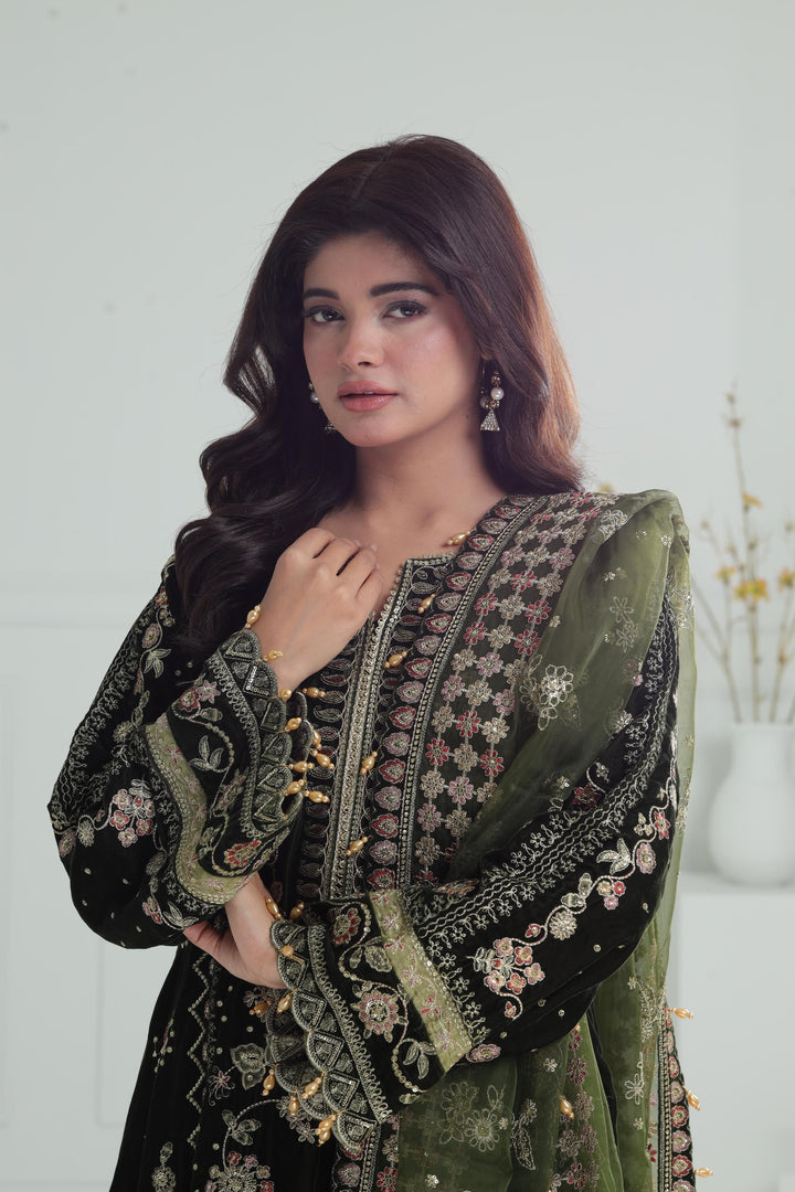 Embroidered Velvet Green Stitched Suit - Baroque