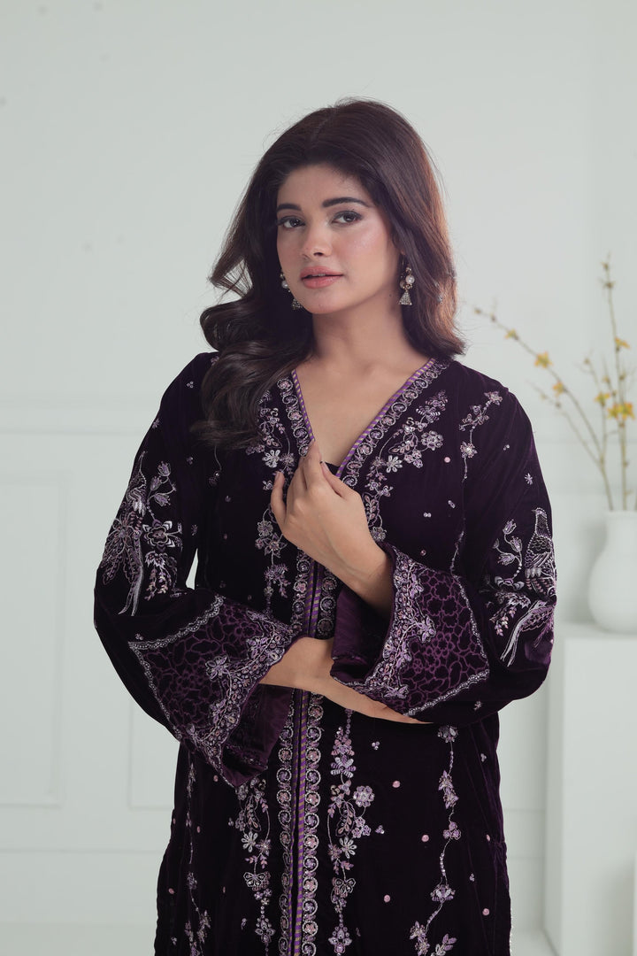 Embroidered Velvet Dark Purple Stitched Suit - Baroque