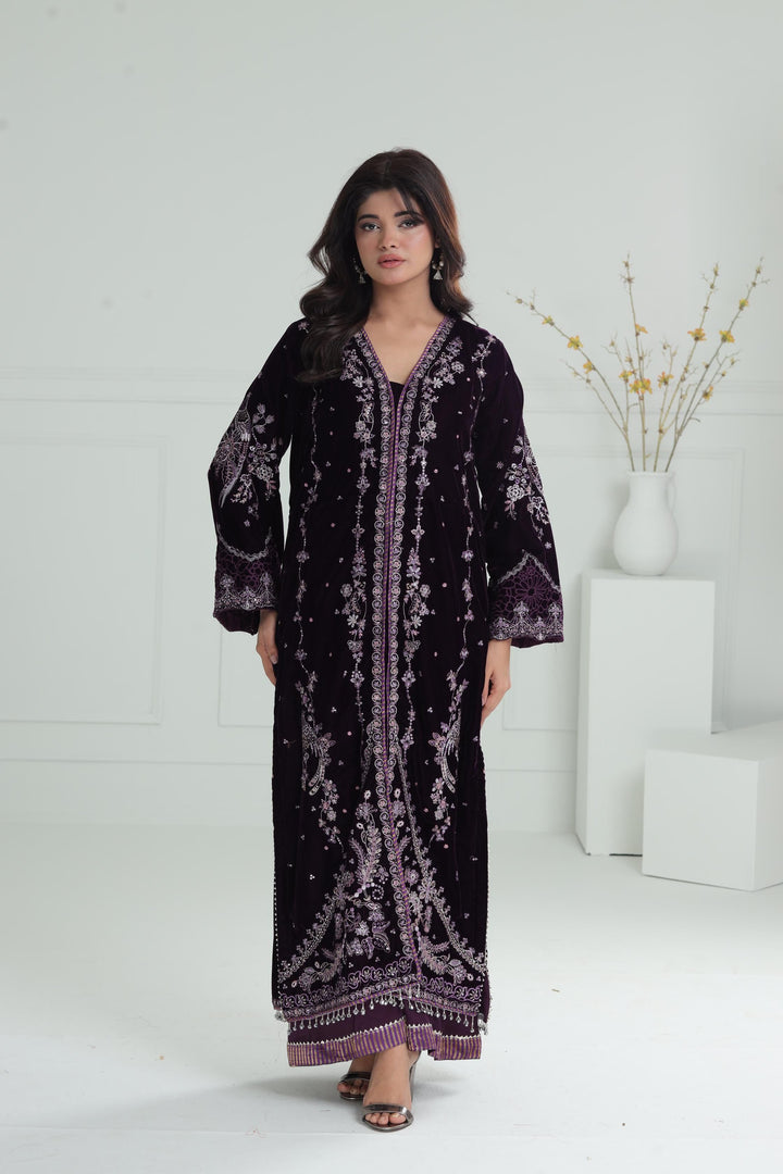 Embroidered Velvet Dark Purple Stitched Suit - Baroque