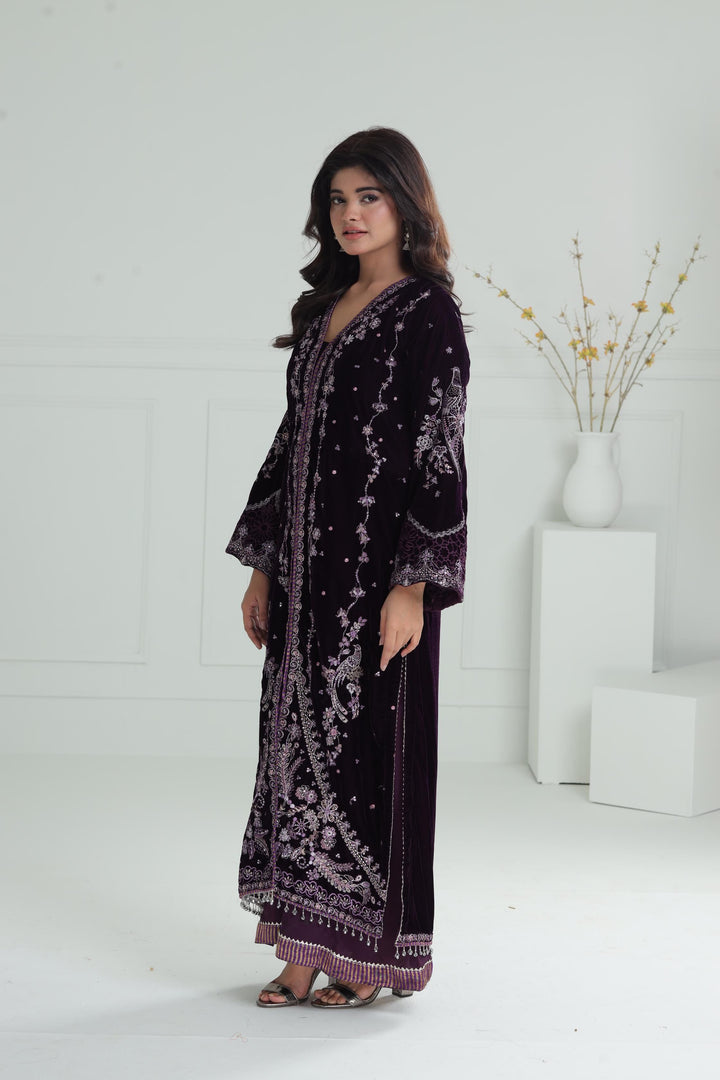 Embroidered Velvet Dark Purple Stitched Suit - Baroque