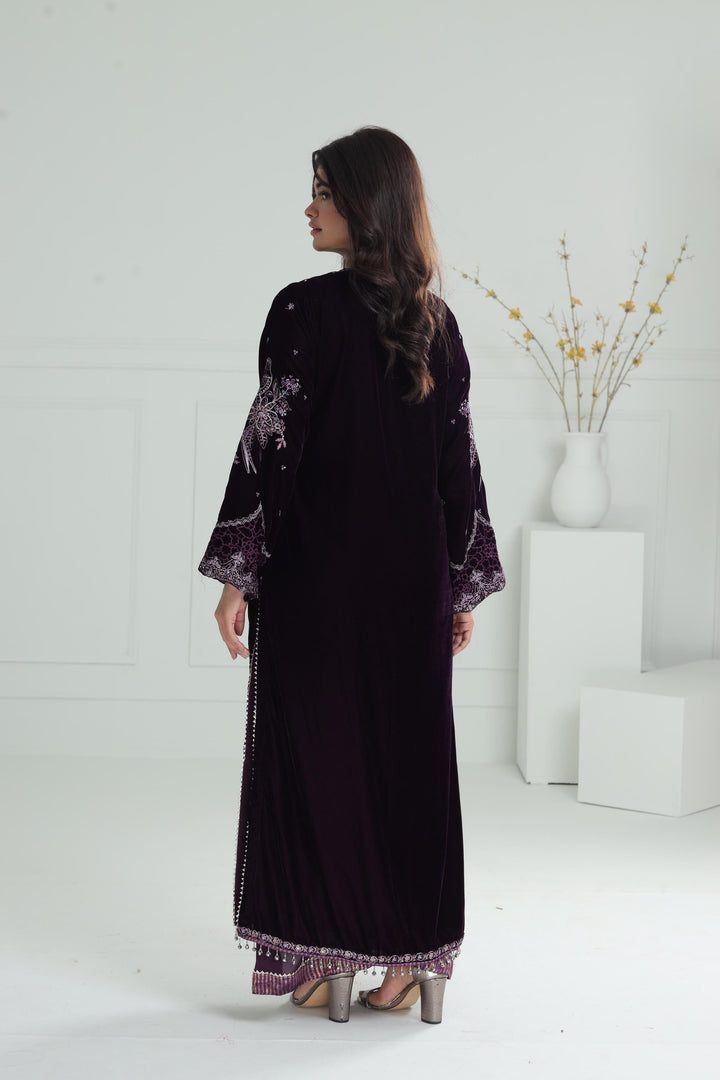 Embroidered Velvet Dark Purple Stitched Suit - Baroque