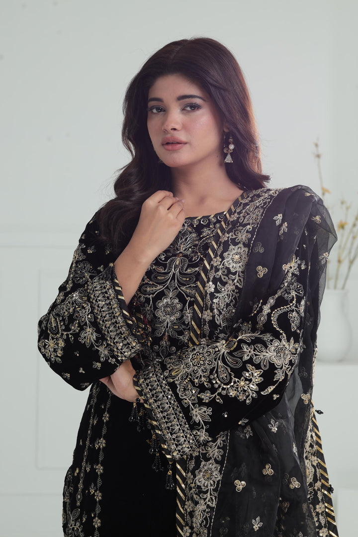 Embroidered Velvet Black Stitched Suit - Baroque