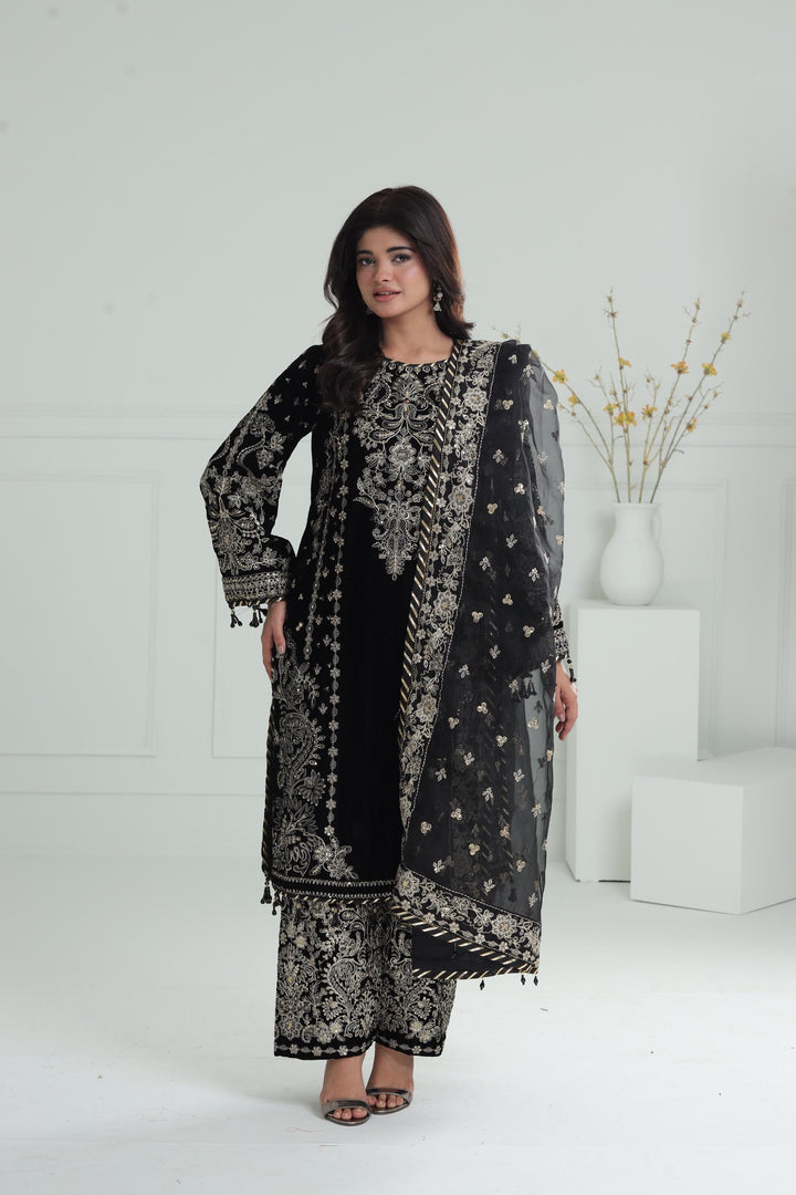 Embroidered Velvet Black Stitched Suit - Baroque