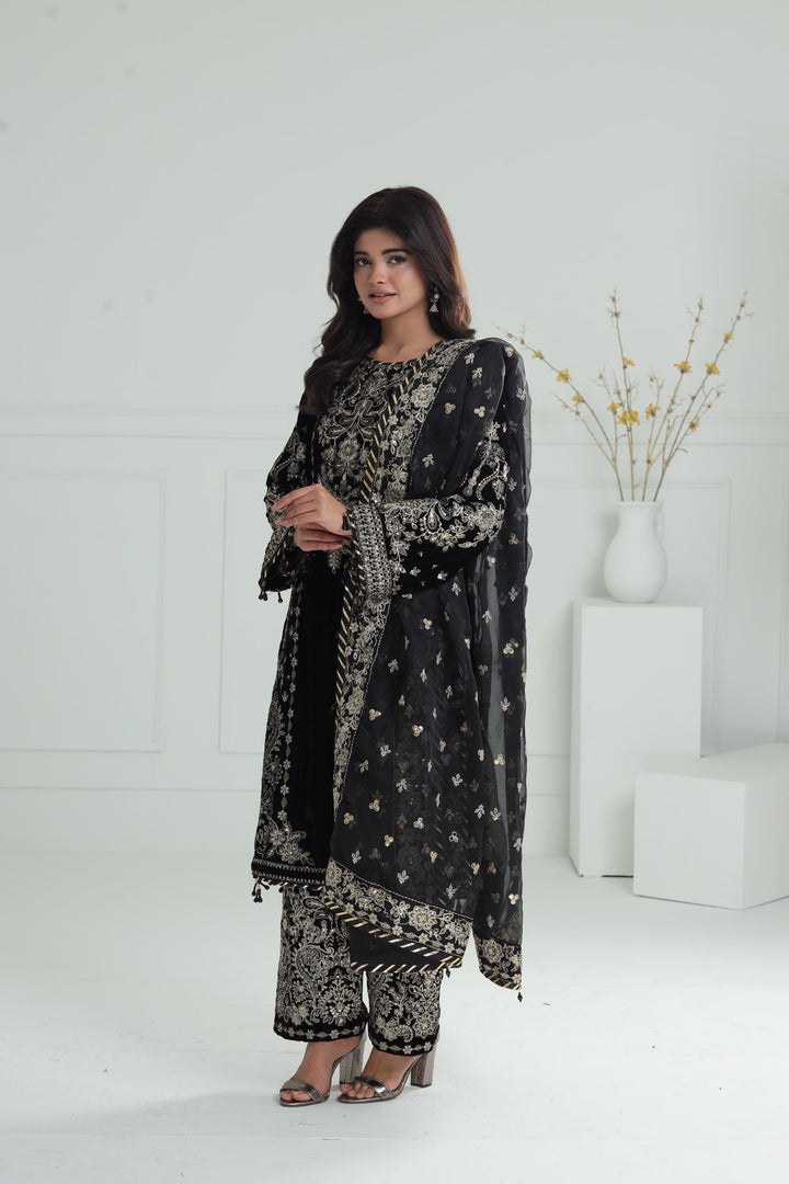 Embroidered Velvet Black Stitched Suit - Baroque