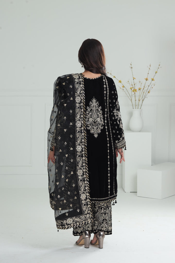 Embroidered Velvet Black Stitched Suit - Baroque